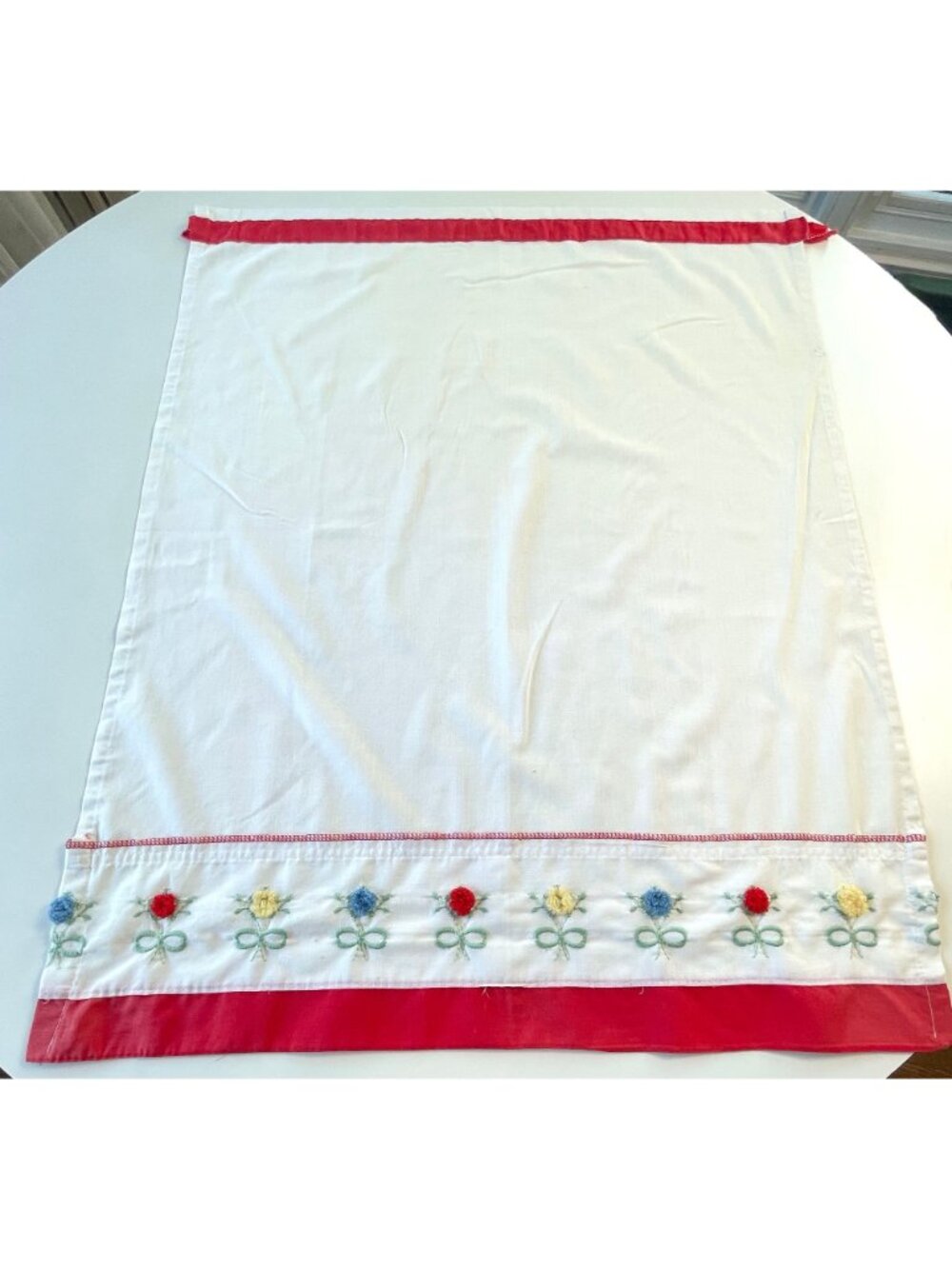 Vintage 70s curtain, embroidered red, yellow, blue flowers with pom poms